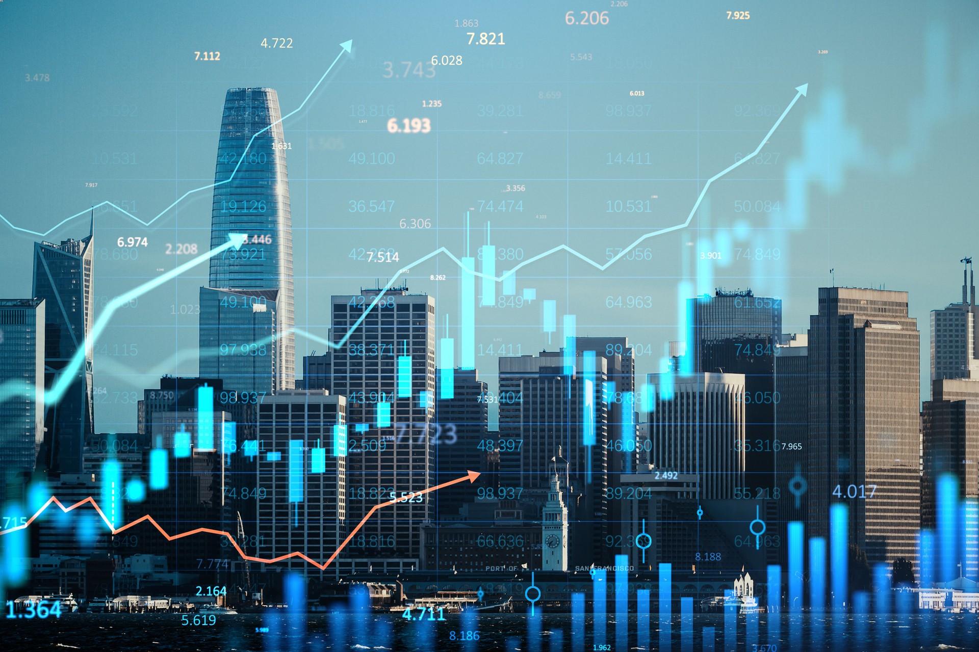 Real estate investment and market analytics over San Francisco skyline during sunrise, showcasing financial growth and data trends in business.