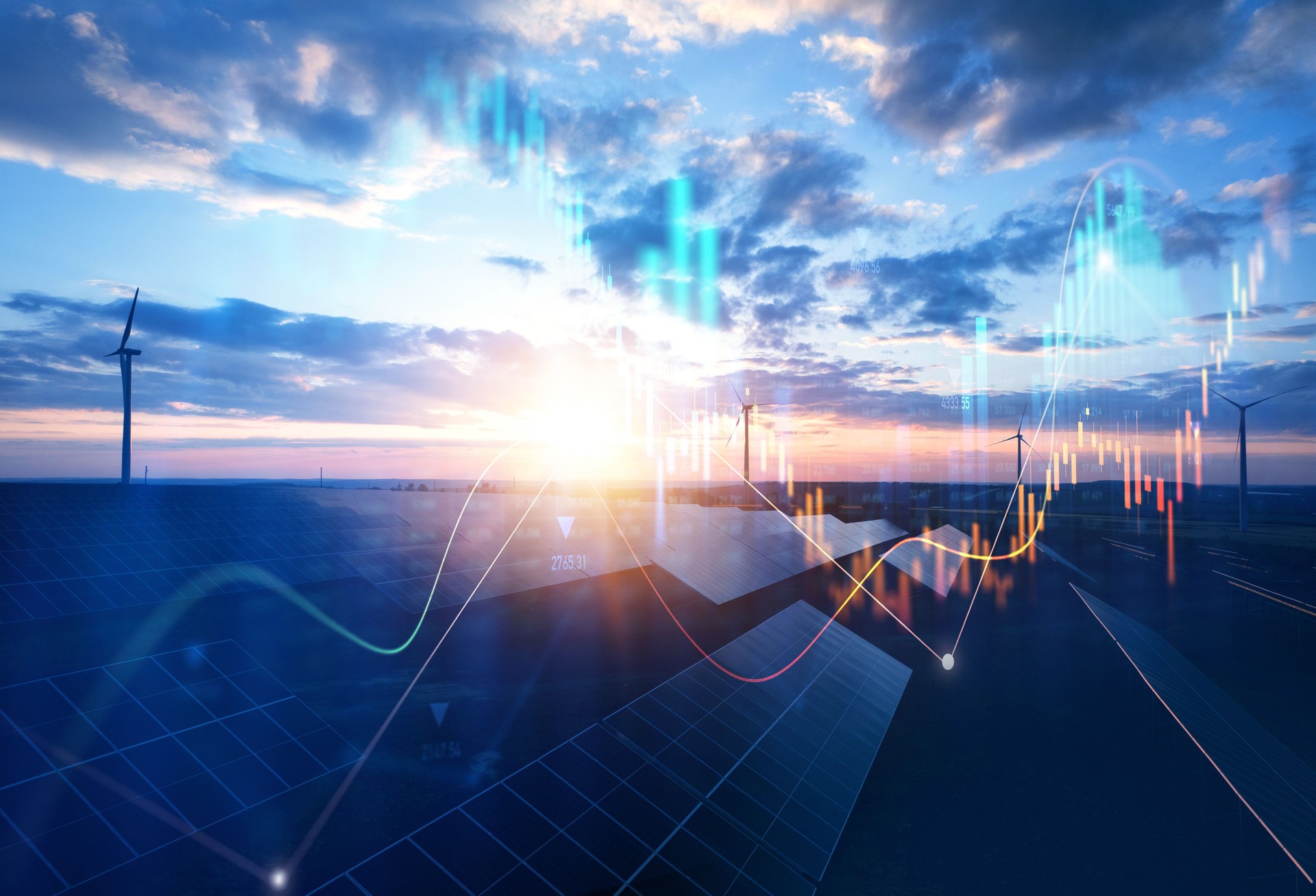 Increase or rising in electricity prices on the world market. Photovoltaic power station with double exposure of digital financial chart graphs and stock market.Green energy in full development.