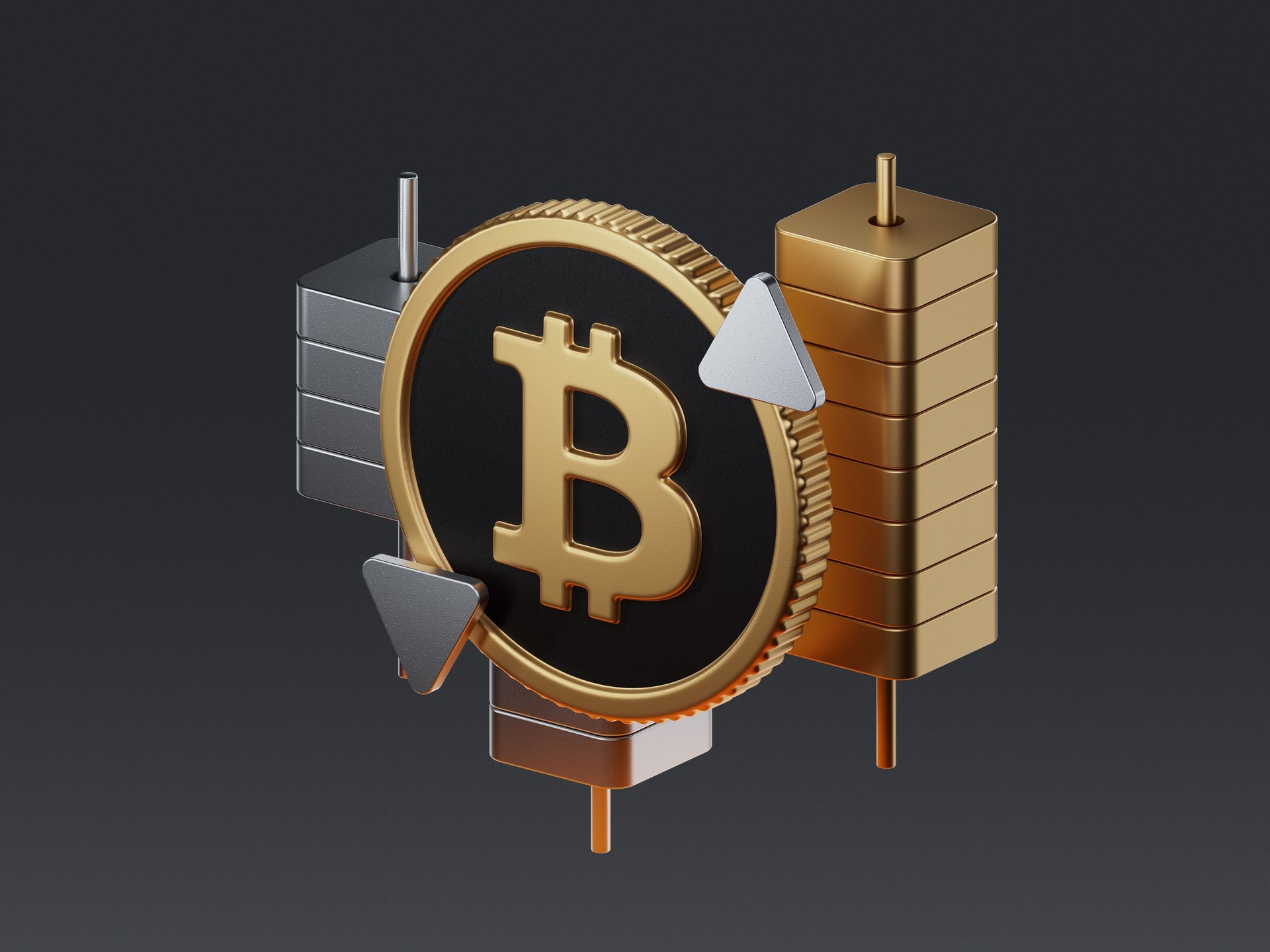 3D render icon with a Bitcoin coin surrounded by Japanese candlestick chart elements. Concept of cryptocurrency trading, volatility, and market movement.